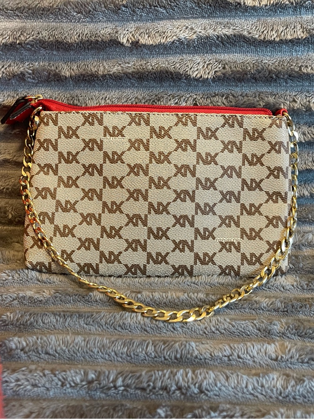 MK-inspired Beige & Brown Chain Shoulder Pouch with Red Trim